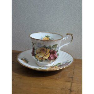Queens Rosina Bone China Tea Cup Saucer Set Yellow Pink Roses Gold Trim Vintage
